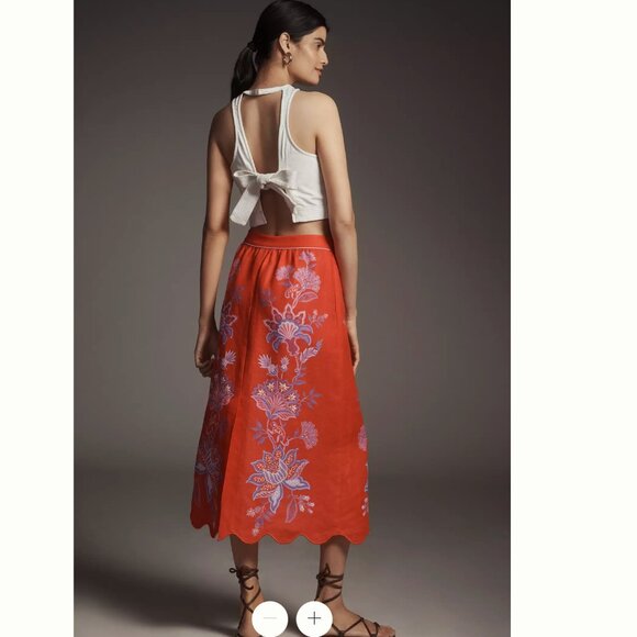 Farm Rio Porcelain Garden Euroflax Premium Linen Embroidered Scallop-Hem Skirt - Picture 7 of 16